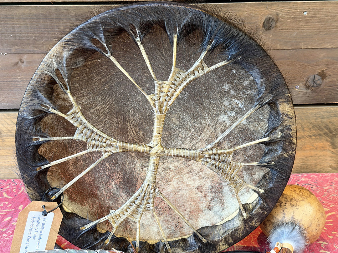 16" Buffalo Shamanic Drum Hybrid Spiral Cross
