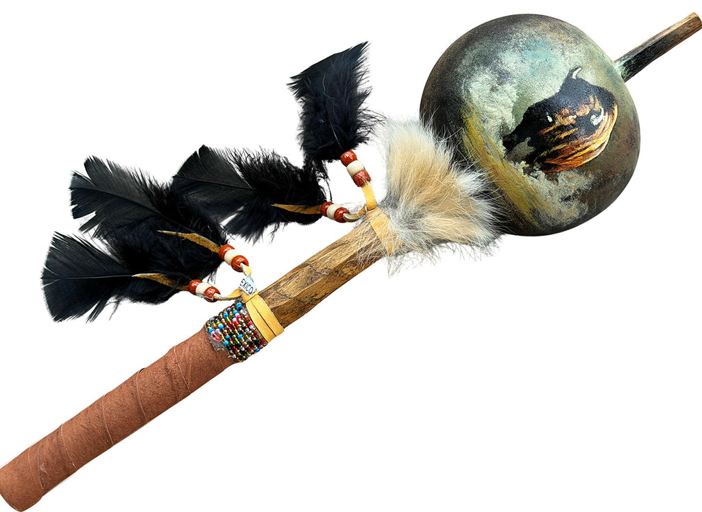 Mexican Hand Painted BISON Shamanic Gourde Rattle