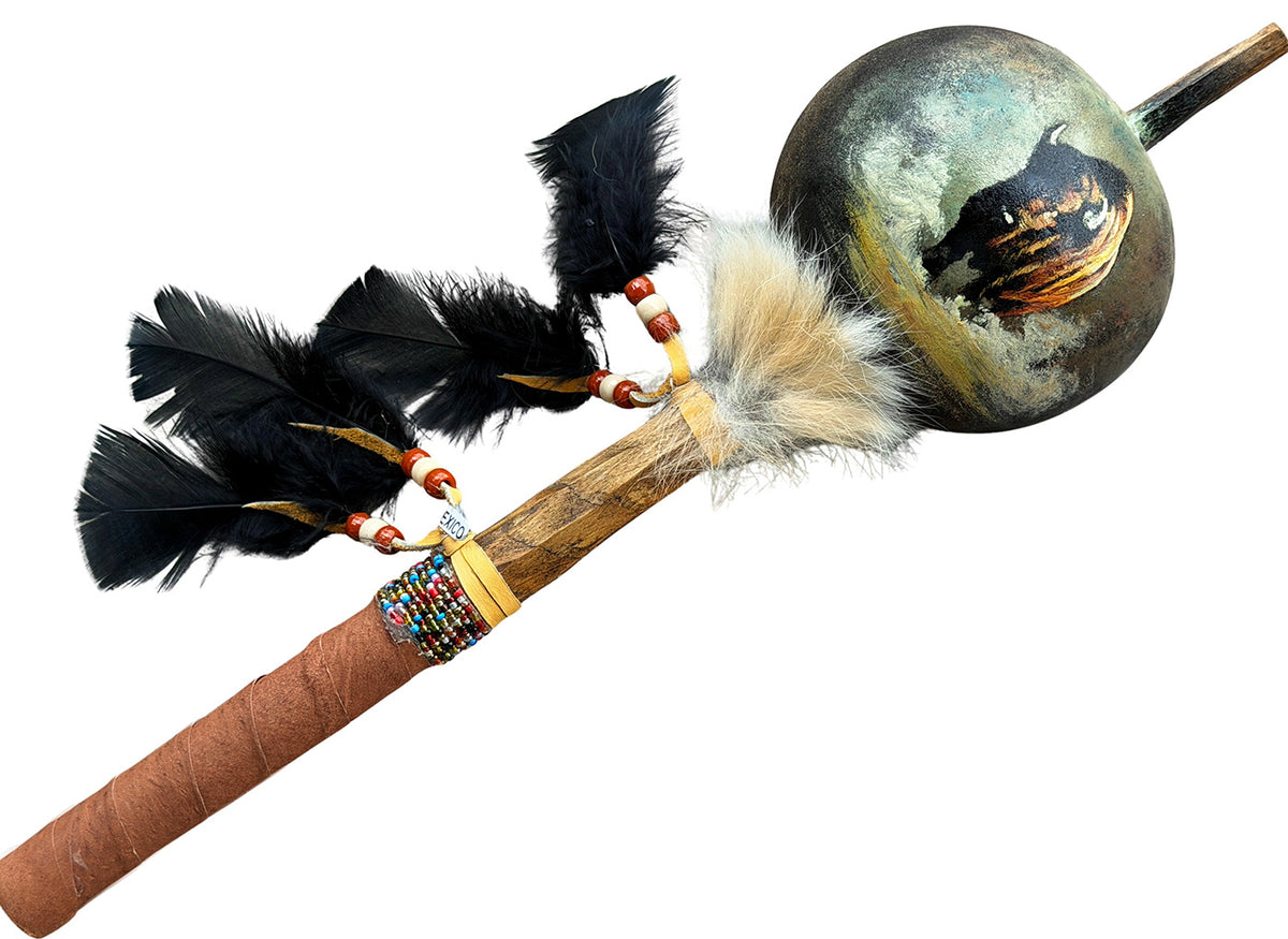 Mexican Hand Painted BISON Shamanic Gourde Rattle