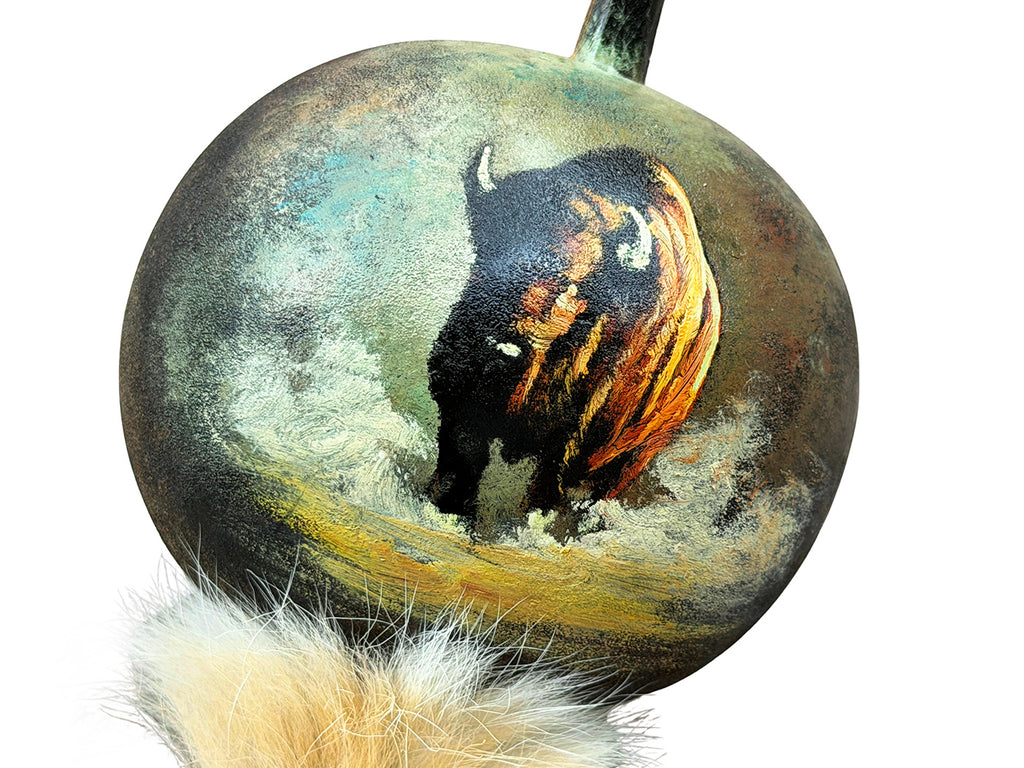 Mexican Hand Painted BISON Shamanic Gourde Rattle