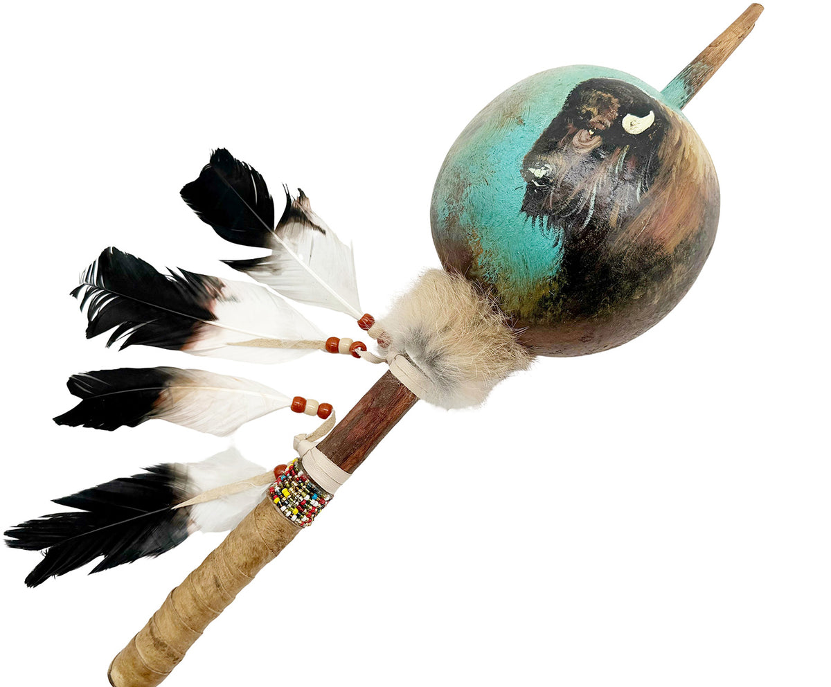 Mexican Hand Painted BUFFALO HEAD Shamanic Gourde Rattle