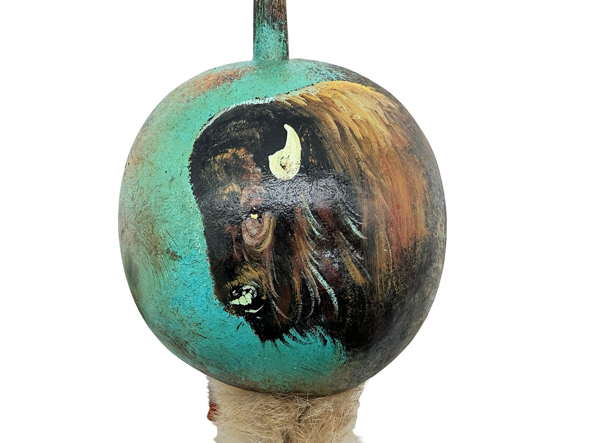 Mexican Hand Painted BUFFALO HEAD Shamanic Gourde Rattle