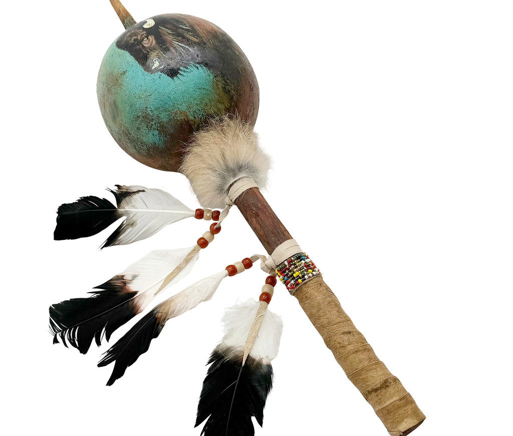 Mexican Hand Painted BUFFALO HEAD Shamanic Gourde Rattle