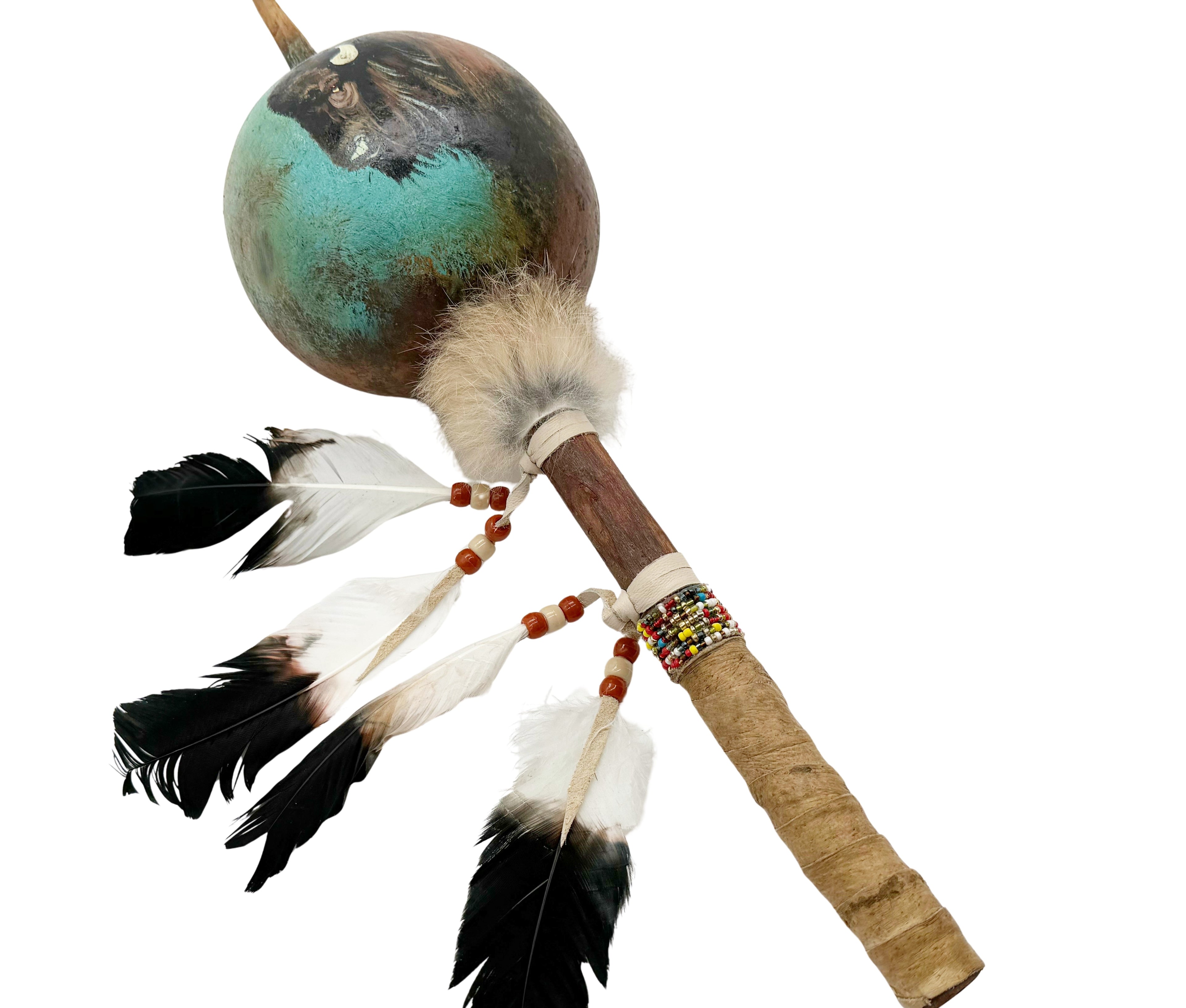 Mexican Hand Painted BUFFALO Shamanic Gourde Rattle