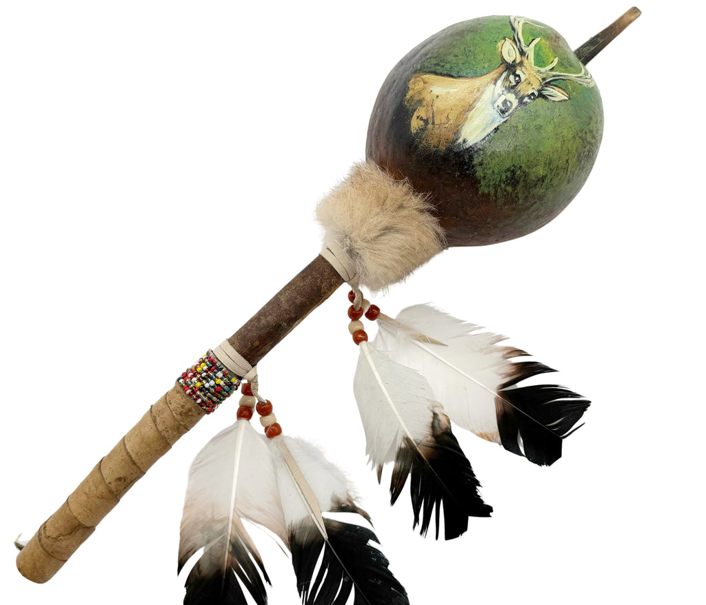Mexican Hand Painted DEER Shamanic Gourde ROUND Rattle