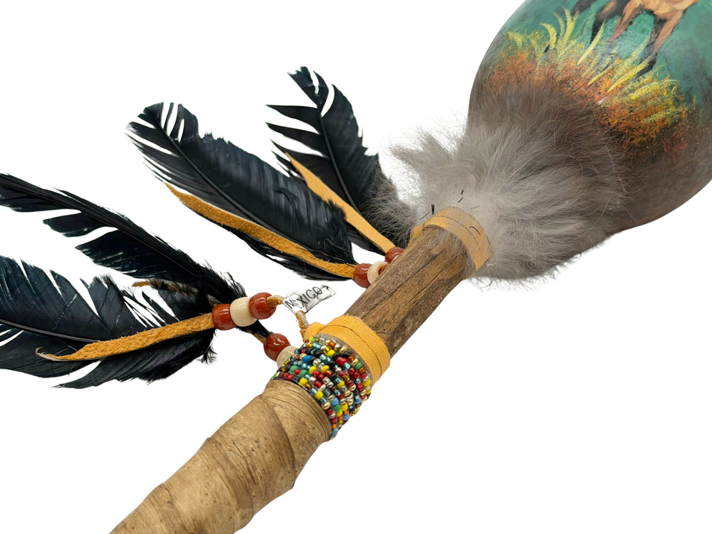 Mexican Hand Painted DEER Shamanic Gourde OVAL Rattle