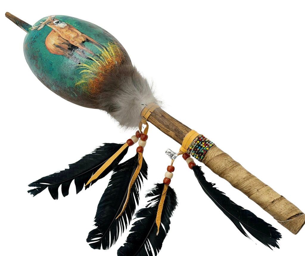 Mexican Hand Painted DEER Shamanic Gourde OVAL Rattle