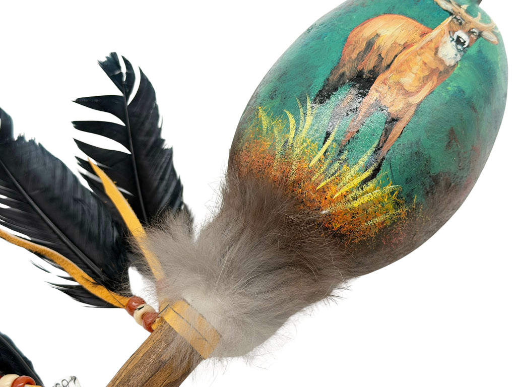 Mexican Hand Painted DEER Shamanic Gourde OVAL Rattle