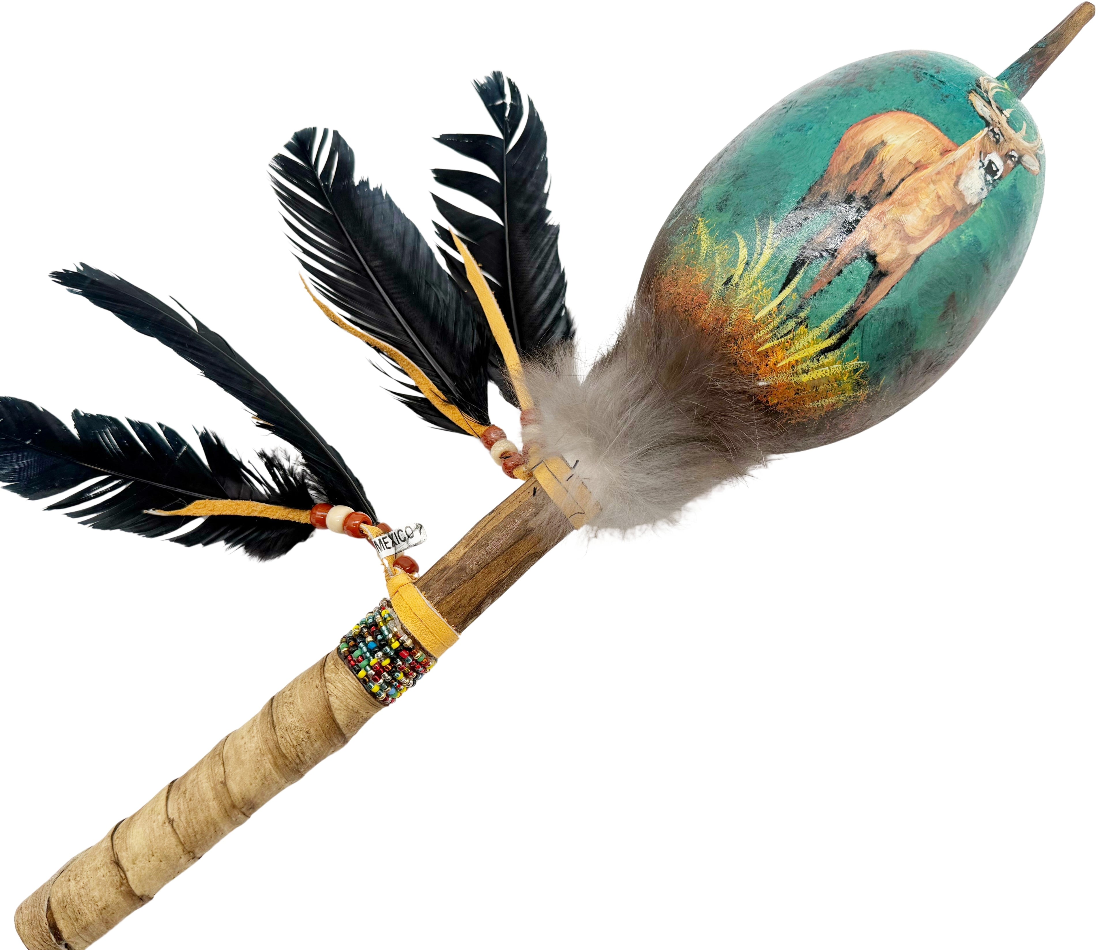 Mexican Hand Painted DEER Shamanic Gourde OVAL Rattle