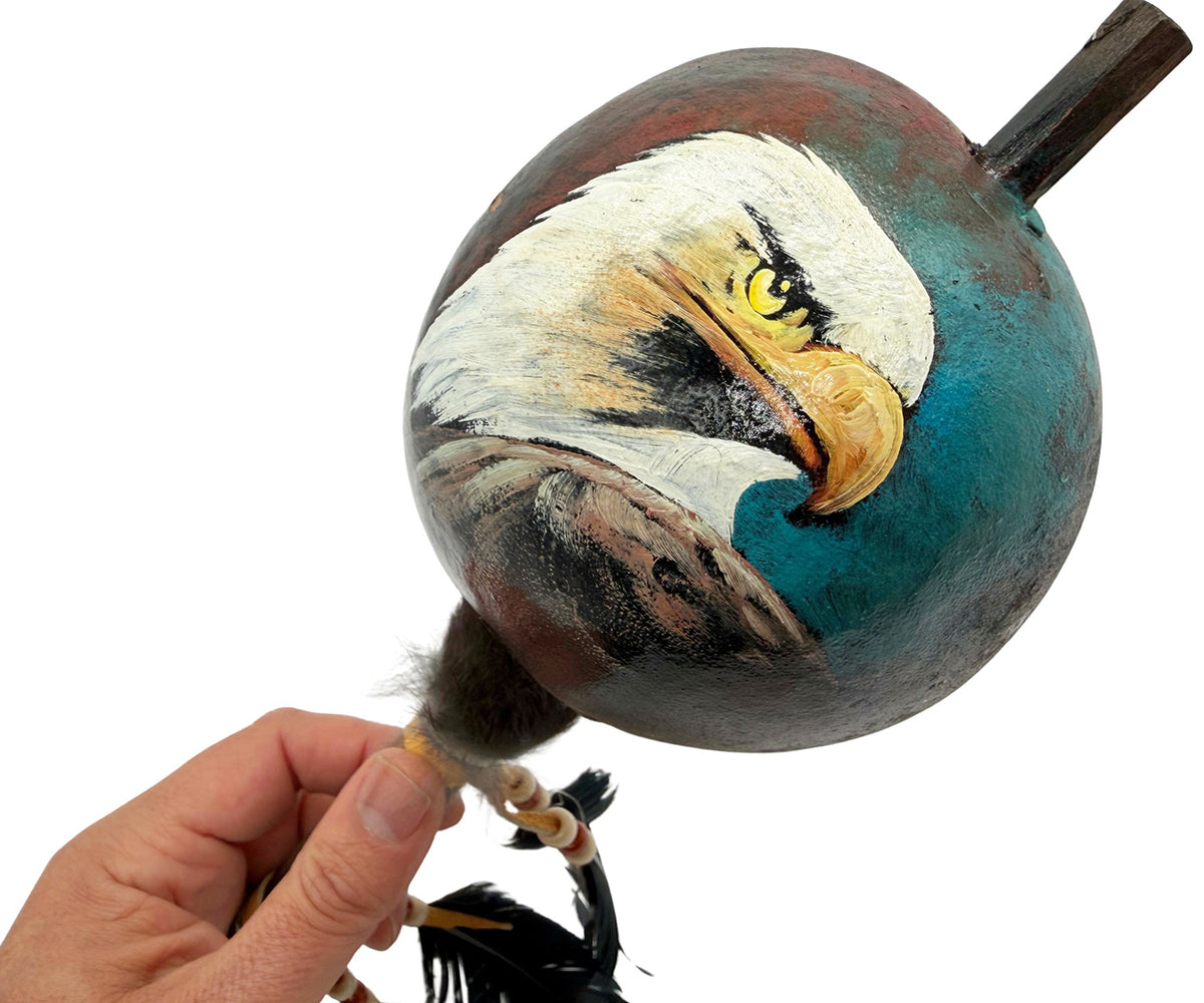 Mexican Hand Painted EAGLE HEAD Shamanic Gourde Rattle