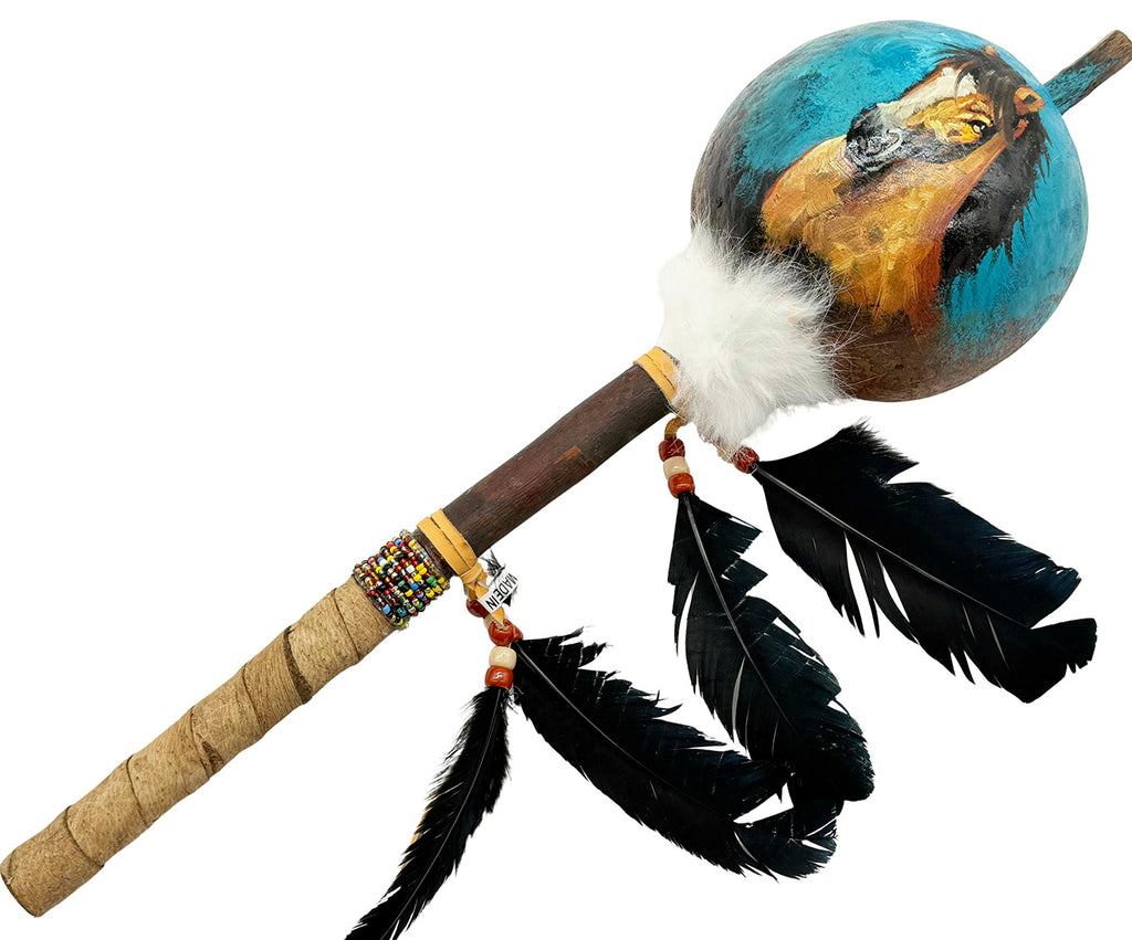 Mexican Hand Painted HORSE HEAD Shamanic Gourde Rattle