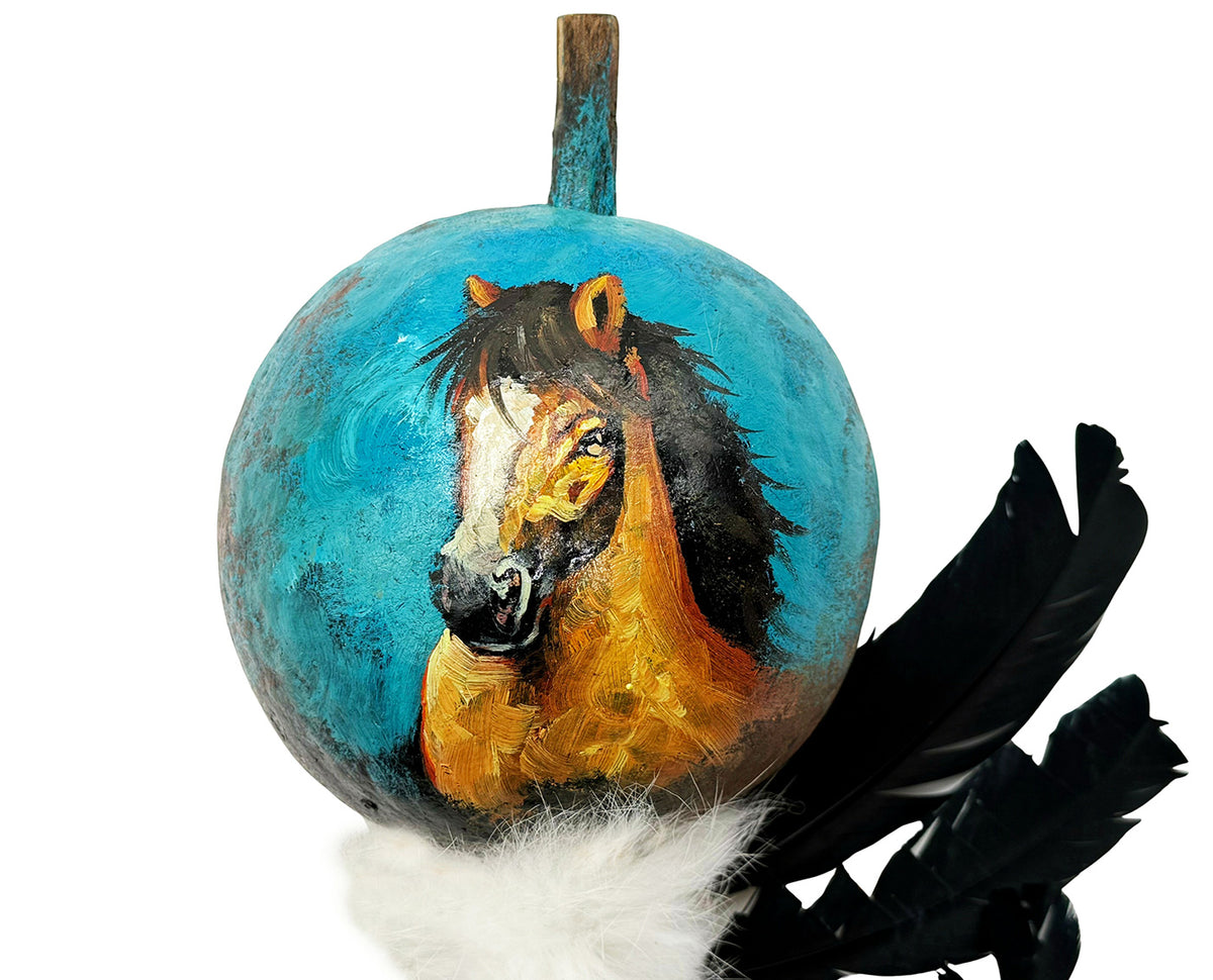 Mexican Hand Painted HORSE HEAD Shamanic Gourde Rattle