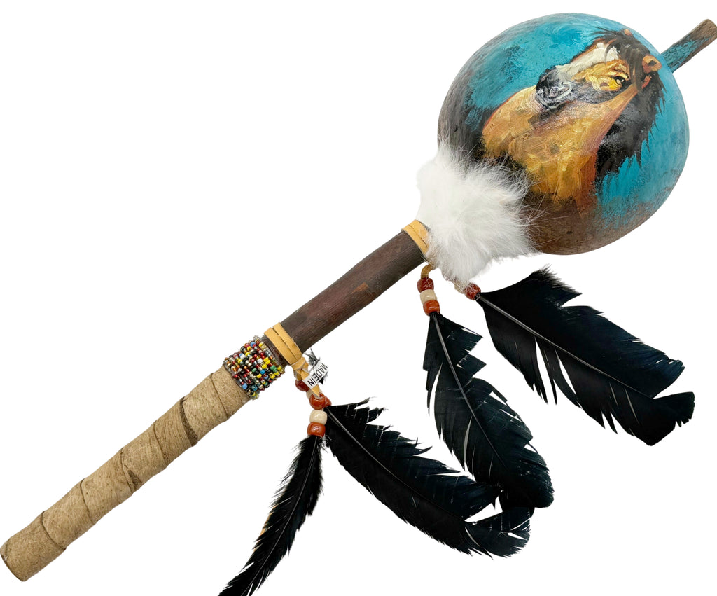Mexican Hand Painted HORSE Shamanic Gourde Rattle