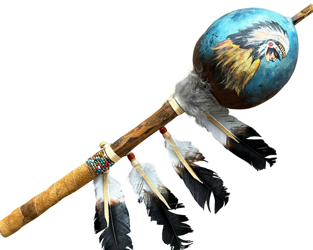 Mexican Hand Painted NATIVE INDIAN Shamanic Gourde Rattle