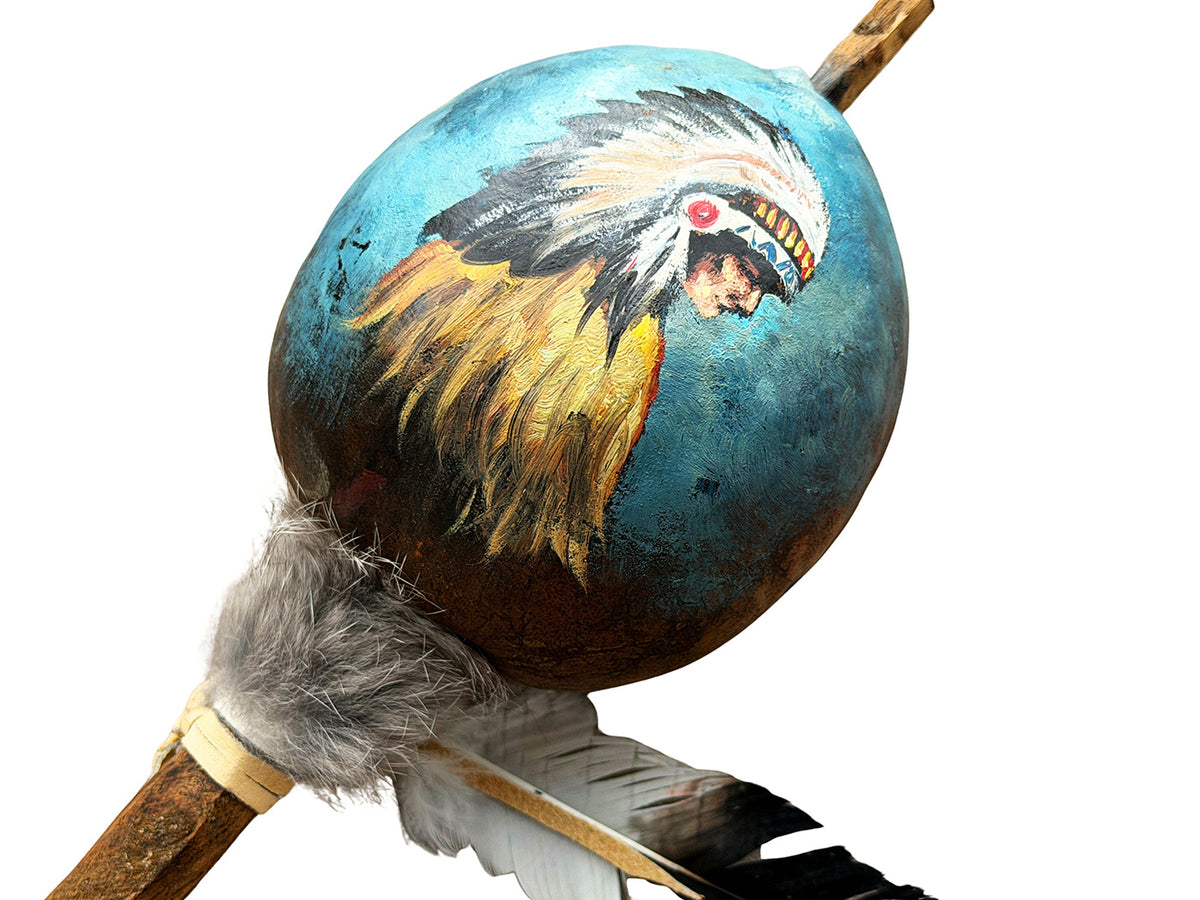 Mexican Hand Painted NATIVE INDIAN Shamanic Gourde Rattle