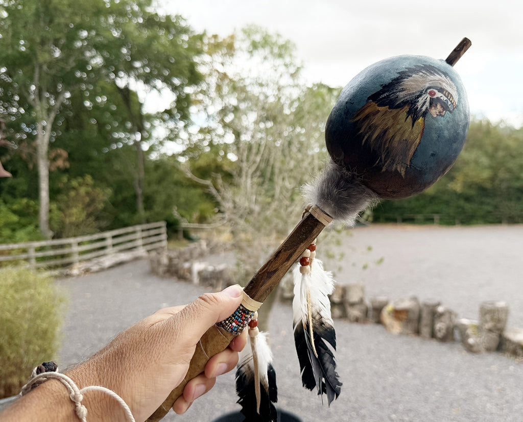 Mexican Hand Painted NATIVE INDIAN Shamanic Gourde Rattle