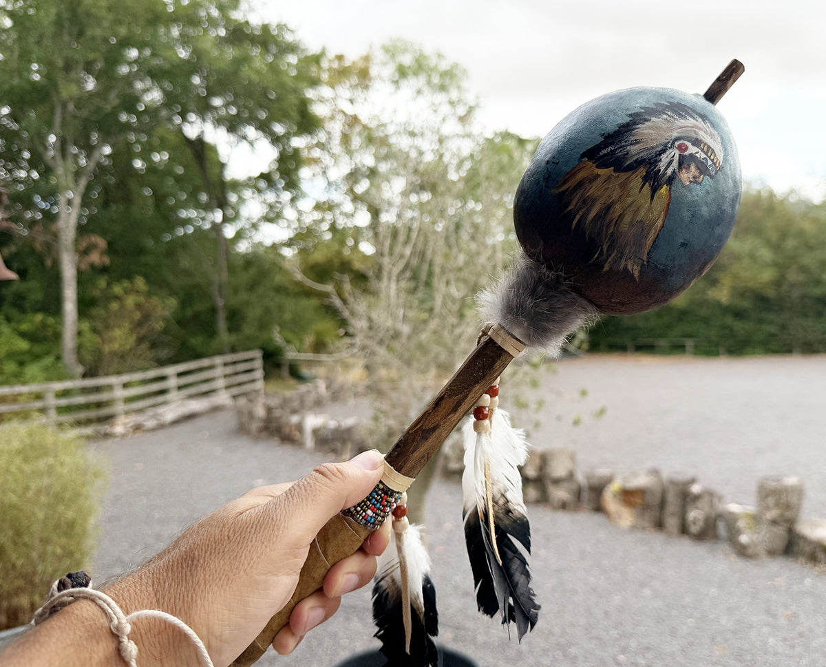 Mexican Hand Painted NATIVE INDIAN Shamanic Gourde Rattle