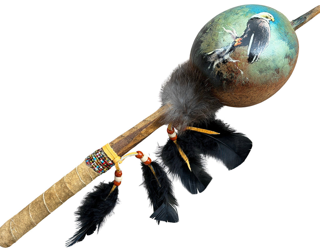 Mexican Hand Painted PERCHED EAGLE Shamanic Gourde Rattle