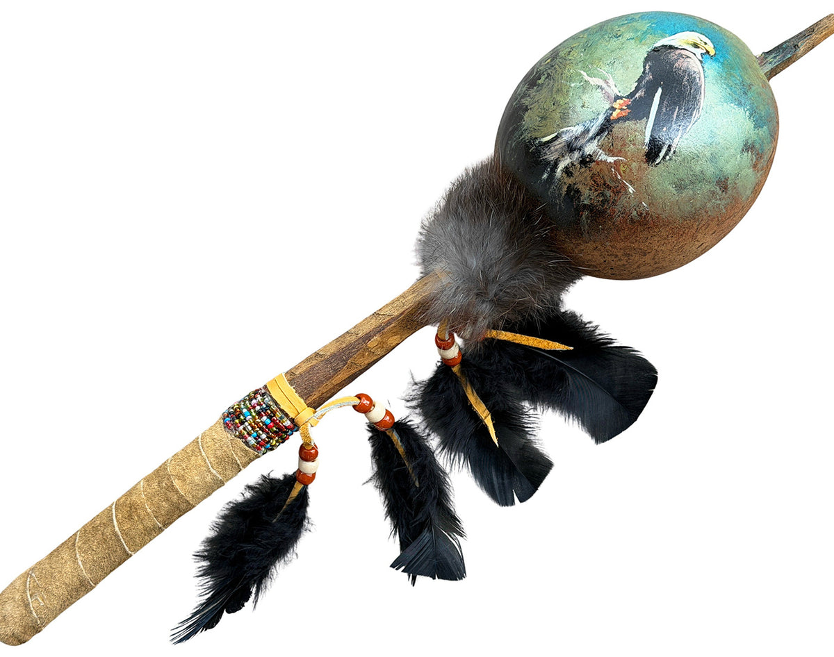 Mexican Hand Painted PERCHED EAGLE Shamanic Gourde Rattle