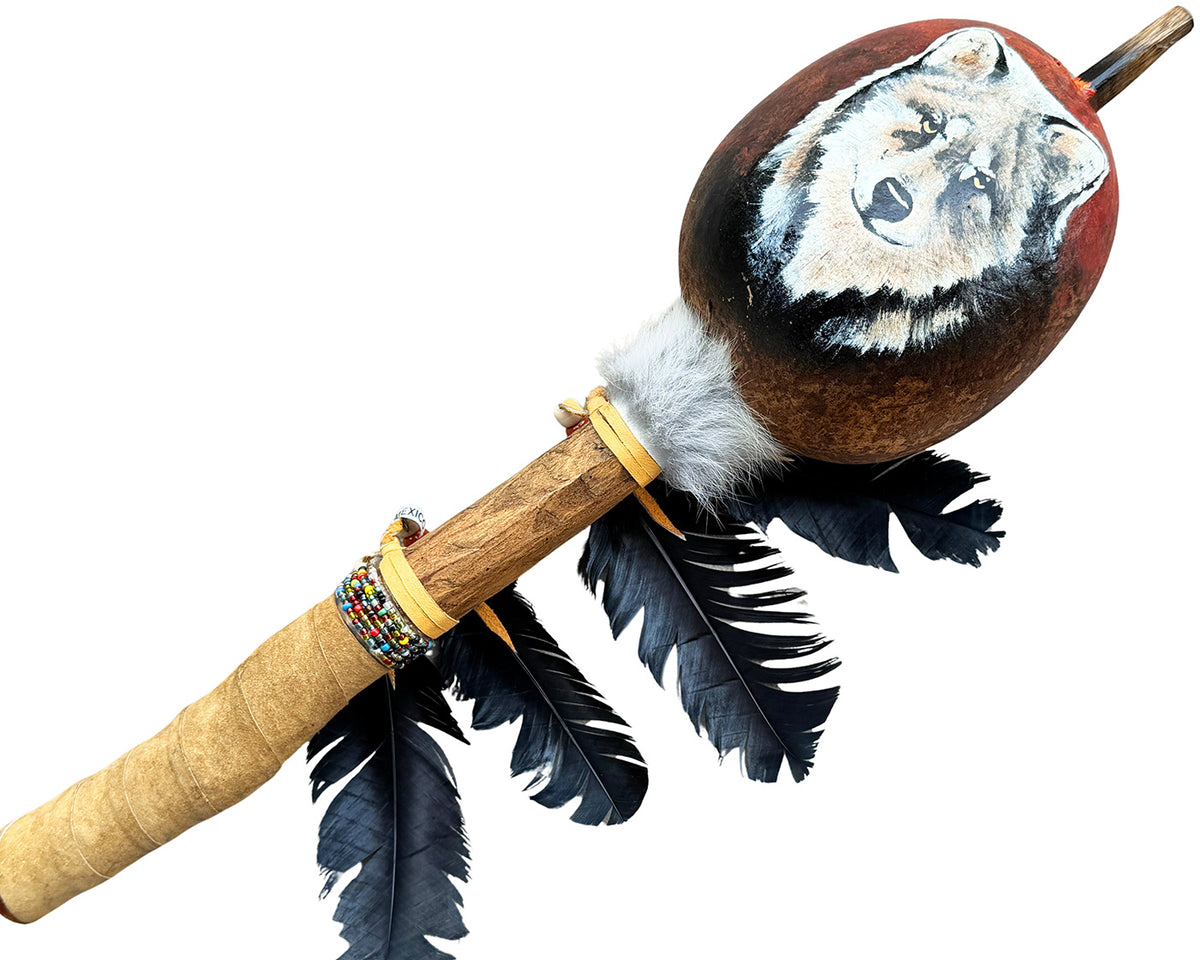 Mexican Hand Painted WOLF FACE Shamanic Gourde Rattle