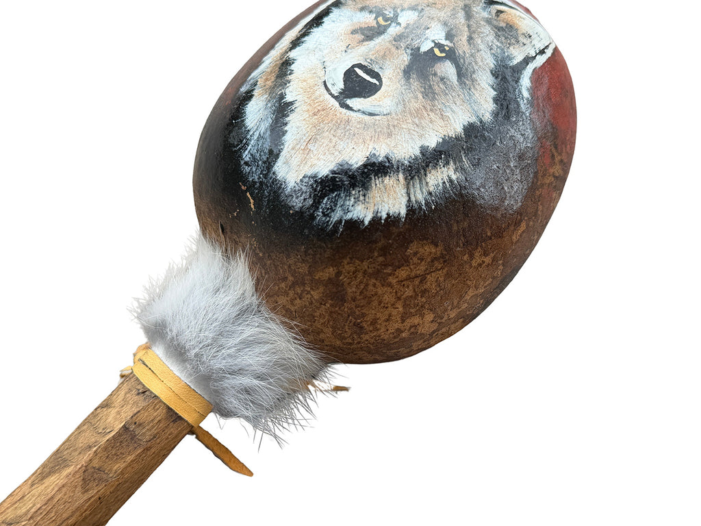 Mexican Hand Painted WOLF FACE Shamanic Gourde Rattle