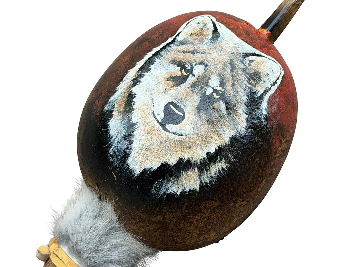 Mexican Hand Painted WOLF FACE Shamanic Gourde Rattle