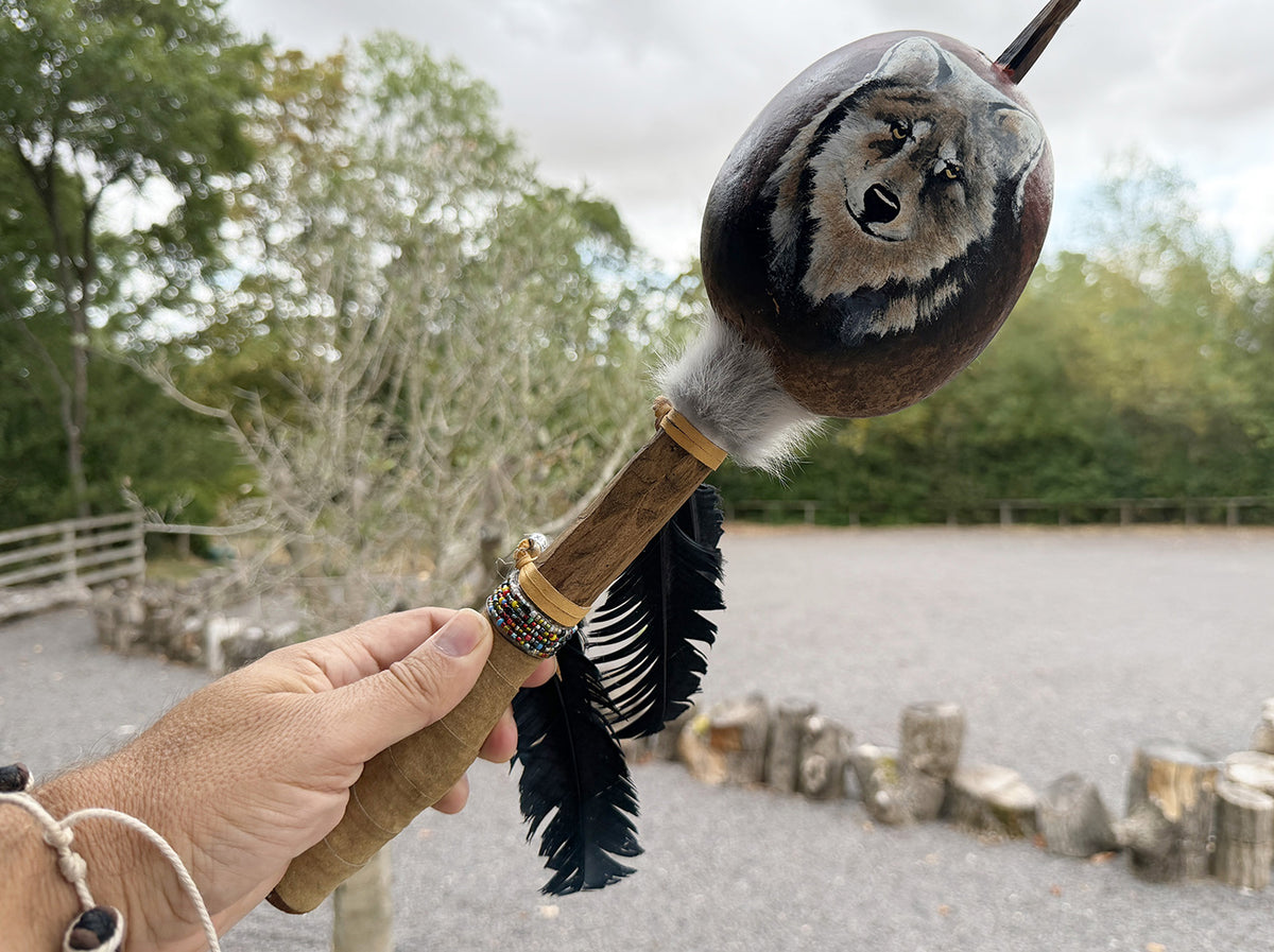 Mexican Hand Painted WOLF FACE Shamanic Gourde Rattle