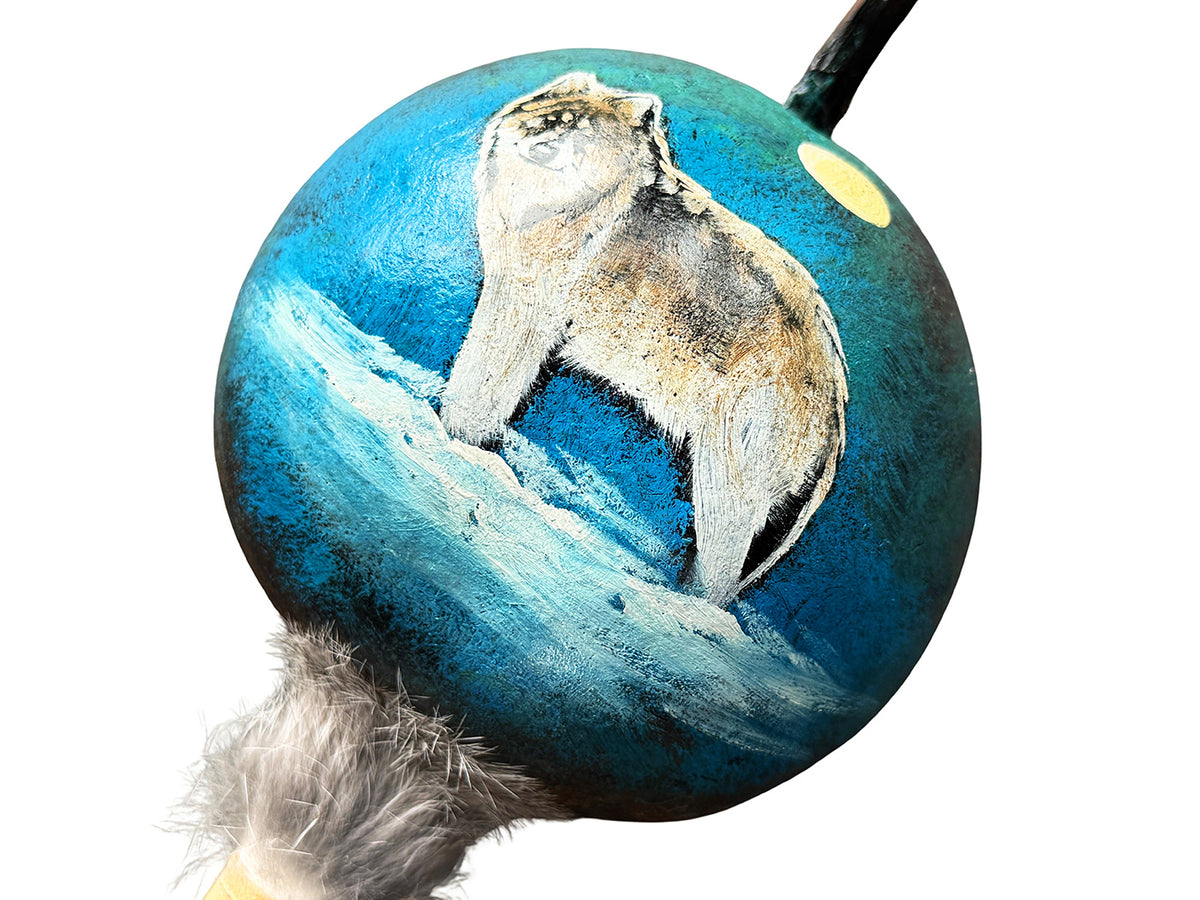 Mexican Hand Painted WOLF STANDING Shamanic Gourde Rattle