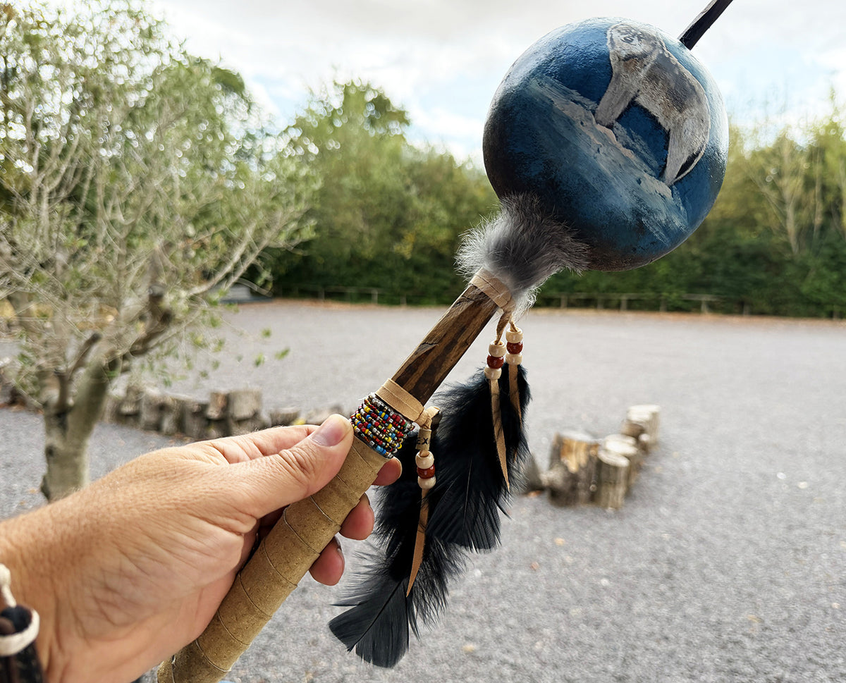 Mexican Hand Painted WOLF STANDING Shamanic Gourde Rattle