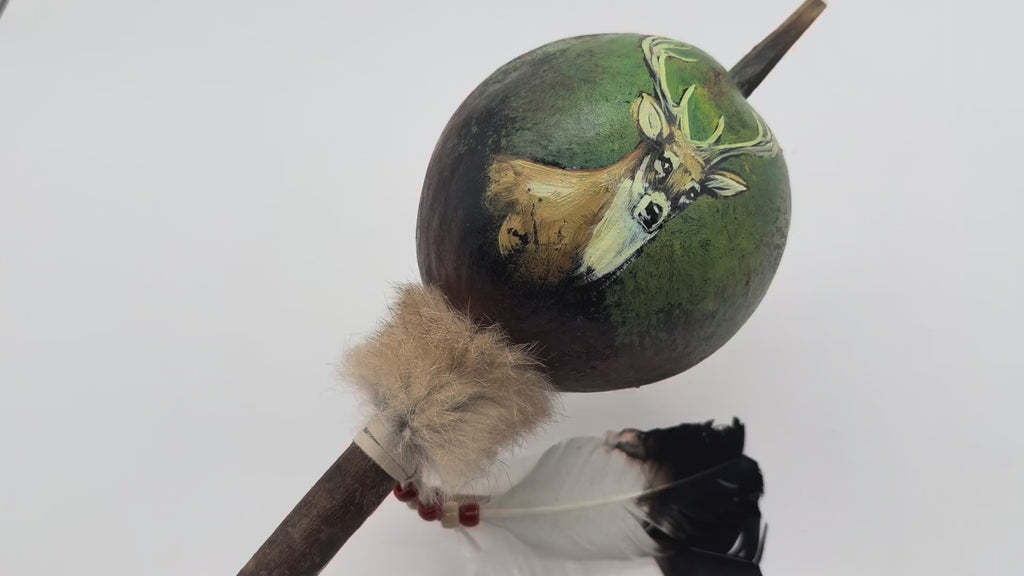 Mexican Hand Painted DEER Shamanic Gourde ROUND Rattle