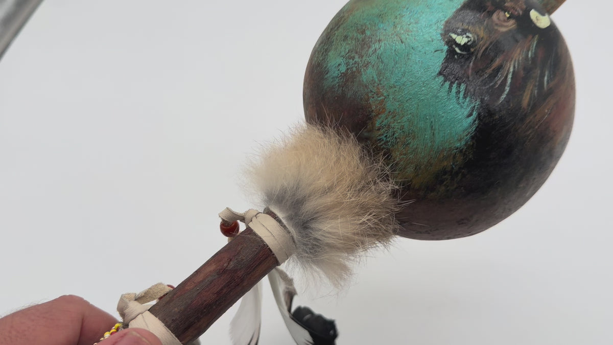 Mexican Hand Painted BUFFALO HEAD Shamanic Gourde Rattle